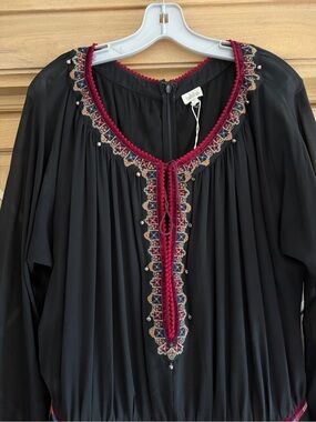 Talitha maxi Black Tunic with Pink Trim and Multicolor Embroidery